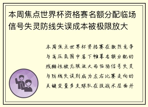 本周焦点世界杯资格赛名额分配临场信号失灵防线失误成本被极限放大
